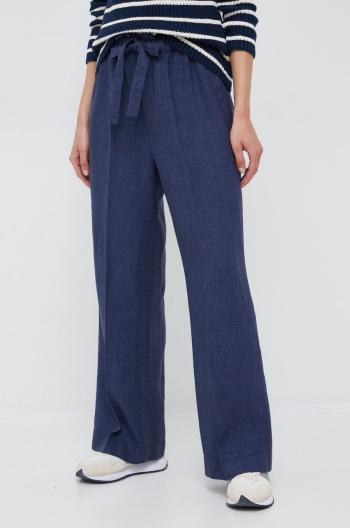 Ľanové nohavice Polo Ralph Lauren dámske, tmavomodrá farba, široké, vysoký pás