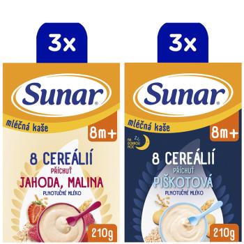 SUNAR Kaša mliečna 8 cereálií mix príchutí, 8m+, 6x210g