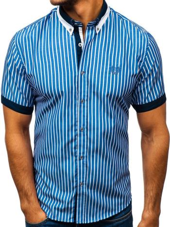 Modrá pánska elegantná károvaná košeľa s krátkymi rukávmi BOLF 4501