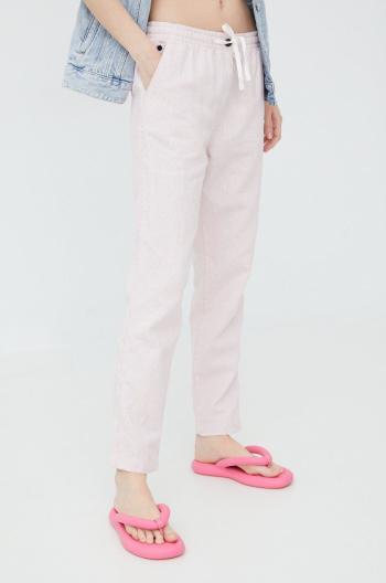 Ľanové nohavice Superdry dámske, ružová farba, rovné, vysoký pás