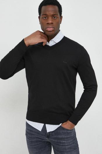 Bavlnený sveter BOSS pánsky, čierna farba, tenký