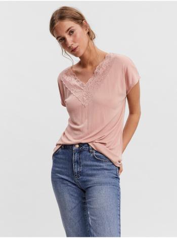 Ružové dámske tričko s krajkou VERO MODA Bia