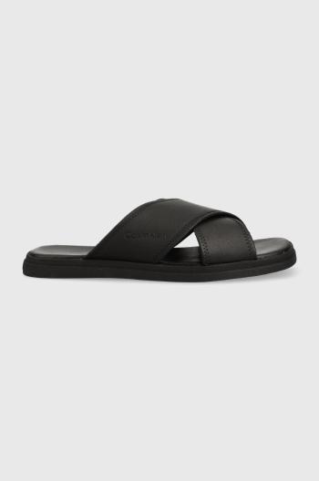 Kožené šľapky Calvin Klein CRISS CROSS SANDAL LTH pánske, čierna farba, HM0HM00950