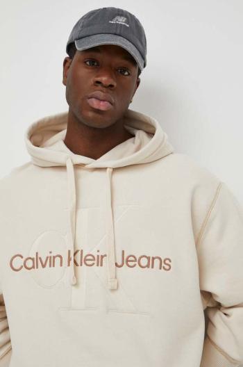 Bavlnená mikina Calvin Klein Jeans pánska,béžová farba,s kapucňou,s nášivkou,J30J324623