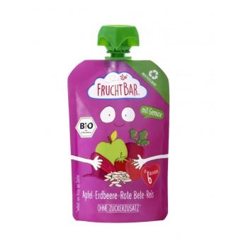 FRUCHTBAR 100 % Recyklovateľná BIO ovocná kapsička s jablkom, jahodou, červenou repou a ryžou 6m+ 100 g