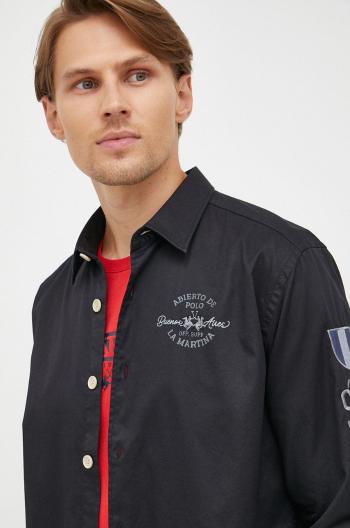 Bavlnená košeľa La Martina pánska, čierna farba, regular, s klasickým golierom