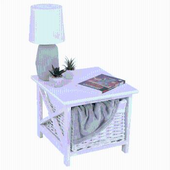 Nočný stolík, drevo/prútie/látka, biela, RAFAELLO R1, rozbalený tovar