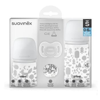 SUAVINEX Sada fľaša 270ml + 150ml + cumlík celosilikónový 0/6m+ klip fox