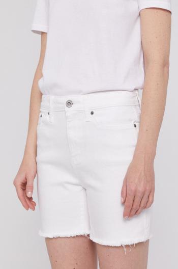 Rifľové krátke nohavice Dkny dámske, biela farba, jednofarebné, vysoký pás
