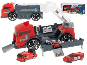 Transportér TIR 2v1 parkovacie odťahové auto hasičov + 3 autá červené