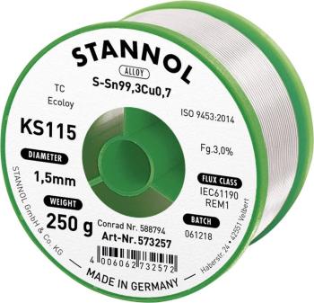 Stannol KS115 spájkovací cín bez olova cievka Sn99,3Cu0,7 250 g 1.5 mm