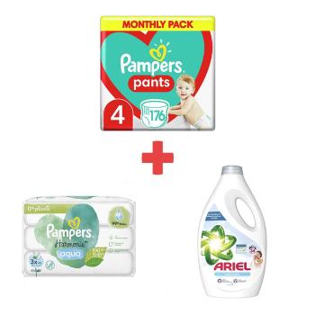 PAMPERS PANTS S4 176KS, 9-15KG + WIPES 144KS (3X48) HARMONIE AQUA + ARIEL 34PD 1.7L SENSITIVE SKIN