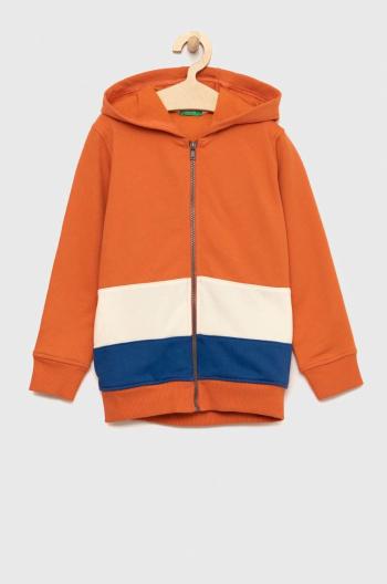 Detská mikina United Colors of Benetton oranžová farba, s kapucňou, s potlačou