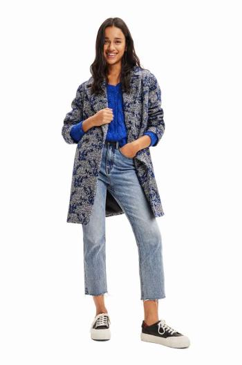 Kabát Desigual 23WWEWA9 WOMAN WOVEN OVERCOAT dámsky, tmavomodrá farba, prechodný, dvojradový