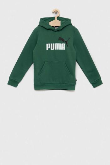 Detská mikina Puma ESS+ 2 Col Big Logo Hoodie FL B zelená farba, s kapucňou, vzorovaná