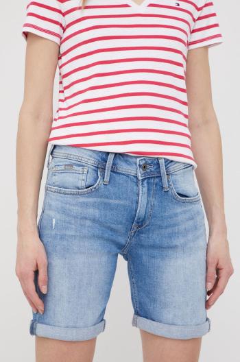 Rifľové krátke nohavice Pepe Jeans Poppy dámske, jednofarebné, vysoký pás