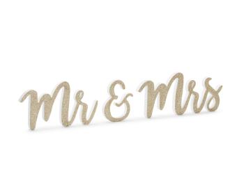 PartyDeco Drevená dekorácia na stôl - Mr & Mrs, zlatá