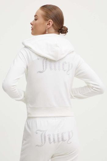 Velúrová mikina Juicy Couture MADISON biela farba, s kapucňou, s nášivkou, JCWA122001