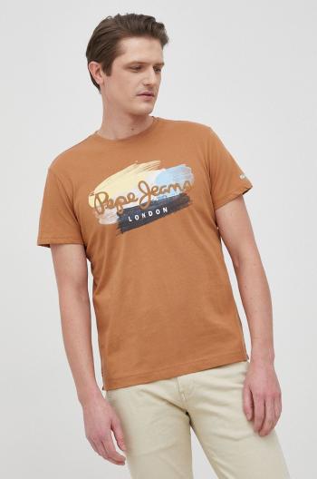 Bavlnené tričko Pepe Jeans Aegir hnedá farba, s potlačou