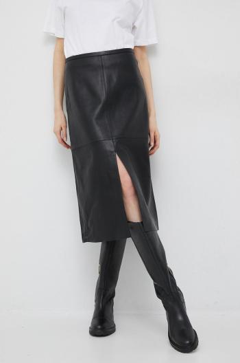 Kožená sukňa Calvin Klein čierna farba, midi, rovný strih