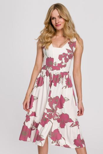 Smotanové kvetované midi šaty K098
