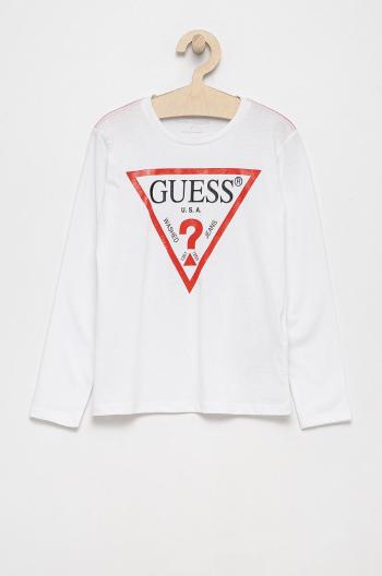 Detské tričko s dlhým rukávom Guess biela farba, s potlačou