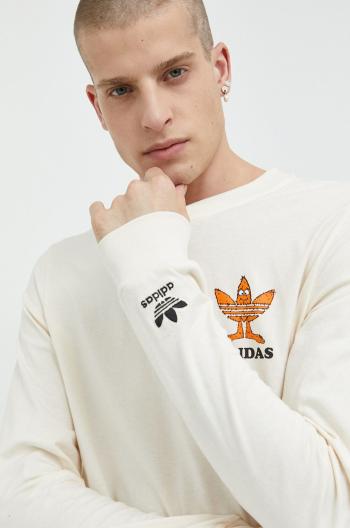 Bavlnené tričko s dlhým rukávom adidas Originals béžová farba, s potlačou