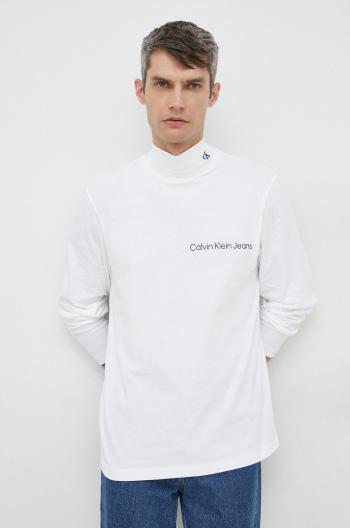 Bavlnené tričko s dlhým rukávom Calvin Klein Jeans biela farba, s potlačou