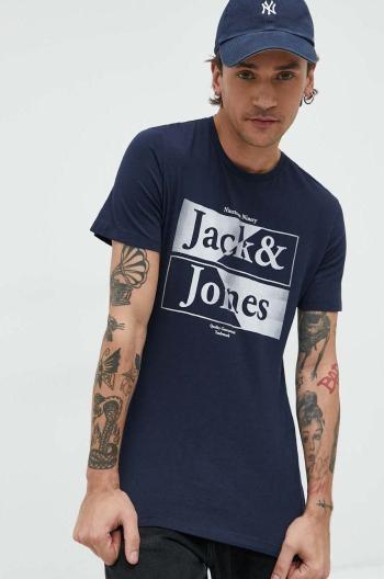 Bavlnené tričko Jack & Jones tmavomodrá farba, s potlačou