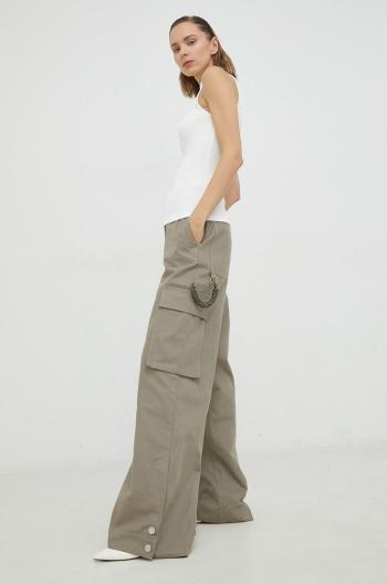 Bavlnené nohavice Remain dámske, béžová farba, široké, vysoký pás