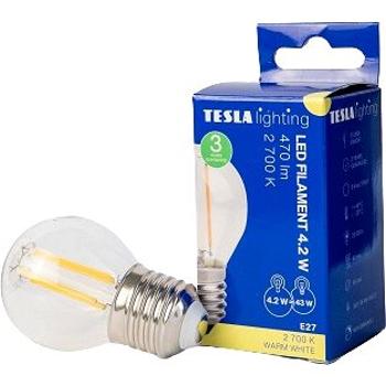 Tesla – LED žiarovka FILAMENT RETRO miniglobe, E27, 4,2 W, 230 V, 470 lm, 25000 h, 2700 K teplá biel (MG274227-1)