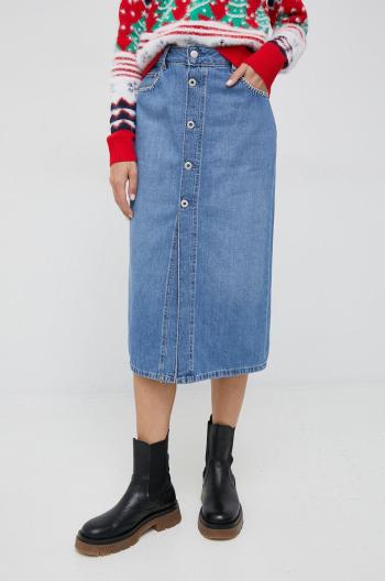 Rifľová sukňa Pepe Jeans Sofi midi, rovný strih