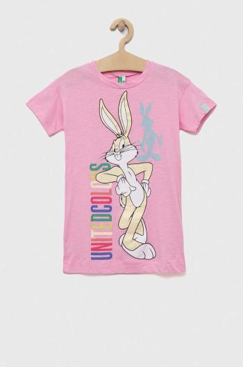 Detská bavlnená nočná košeľa United Colors of Benetton X Looney Tunes ružová farba, s potlačou