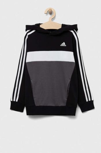 Detská mikina adidas čierna farba, s kapucňou, vzorovaná