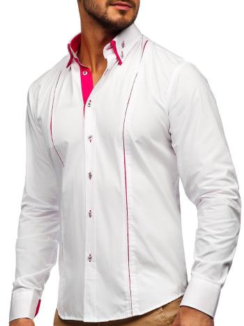 Bielo-ružová pánska elegantá košeľa s dlhými rukávmi BOLF 4744
