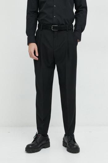 Vlnené nohavice HUGO pánske, čierna farba, rovné