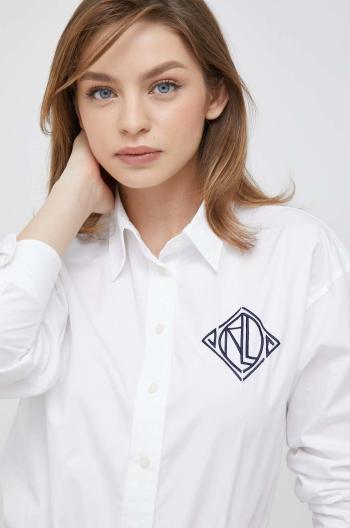 Bavlnená košeľa Lauren Ralph Lauren dámska, biela farba, voľný strih, s klasickým golierom