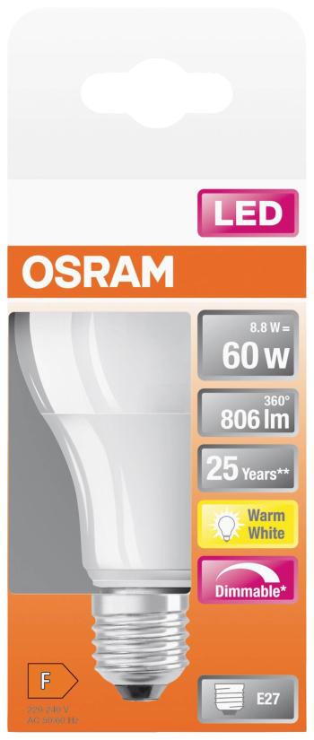 OSRAM 4058075433861 LED  En.trieda 2021 F (A - G) E27 klasická žiarovka 8.8 W = 60 W teplá biela (Ø x d) 60 mm x 105 mm