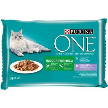 Purina ONE Indoor minifiletky s tuniakom a zelenými fazuľkami, s teľacím a mrkvou 4 × 85 g (7613030063032)