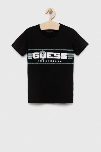 Detské bavlnené tričko Guess čierna farba, s potlačou