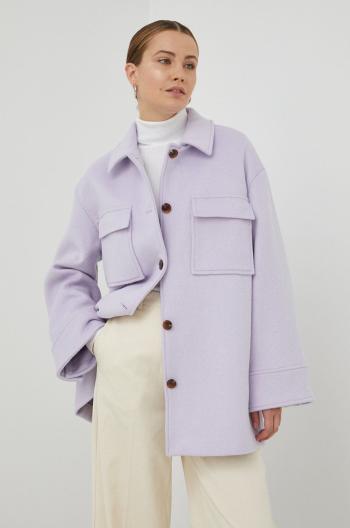 Vlnený kabát Samsoe Samsoe fialová farba, prechodná,