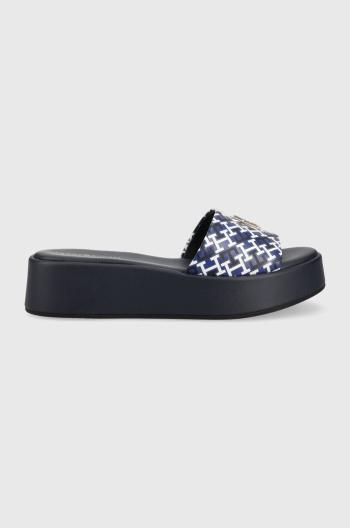 Kožené šľapky Tommy Hilfiger TH SLIP ON SANDAL FLATFORM MONO dámske, tmavomodrá farba, na platforme, FW0FW07244