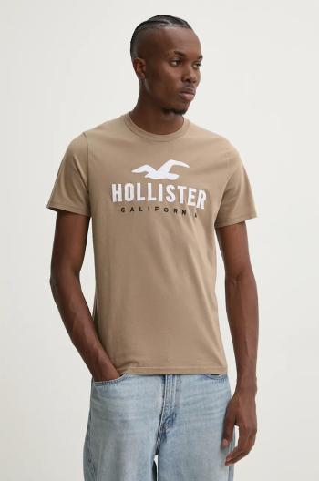 Bavlnené tričko Hollister Co. pánske, hnedá farba, s nášivkou, KI323-4290