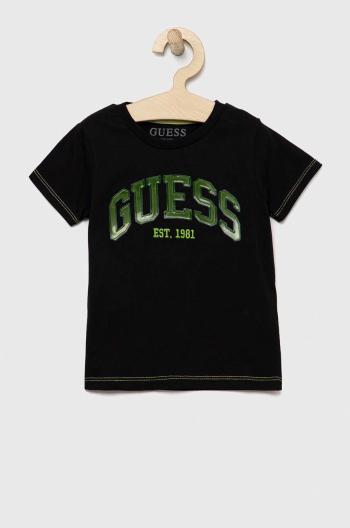 Detské bavlnené tričko Guess čierna farba, vzorovaný