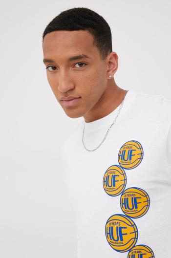Bavlnené tričko s dlhým rukávom HUF biela farba, s potlačou