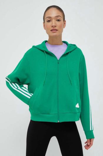 Mikina adidas dámska, zelená farba, s kapucňou, s nášivkou