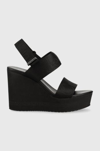 Sandále Calvin Klein Jeans WEDGE SANDAL WEBBING dámske, čierna farba, na kline, YW0YW00959