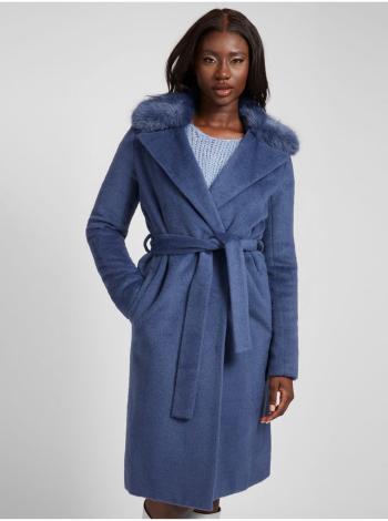 Modrý dámsky vlnený kabát na zaväzovanie s límcom z umelého kožúšku Guess