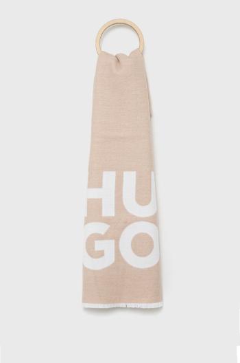 Vlnený šál HUGO béžová farba, s potlačou