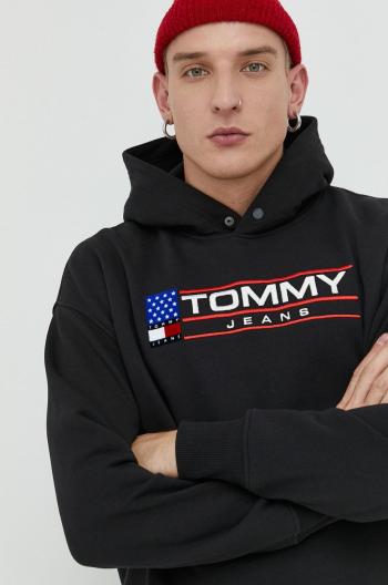 Mikina Tommy Jeans pánska, čierna farba, s kapucňou, s nášivkou